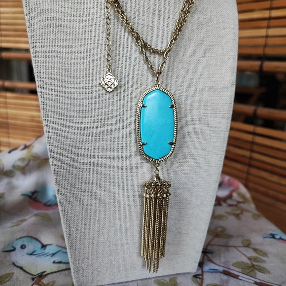Kendra Scott Necklace Gold Tone Tassel Chain Faux Turquoise FLAW - Picture 3 of 14